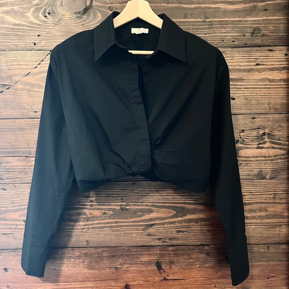 P Cill Cropped Twist Front Shirt Womens M Black Long Sleeve Top Luxury Chic Edgy